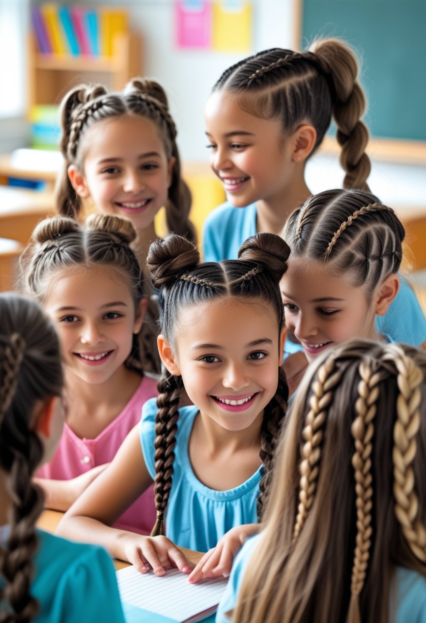 A group of young girls smiling together in a classroom, each with different braided hairstyles.