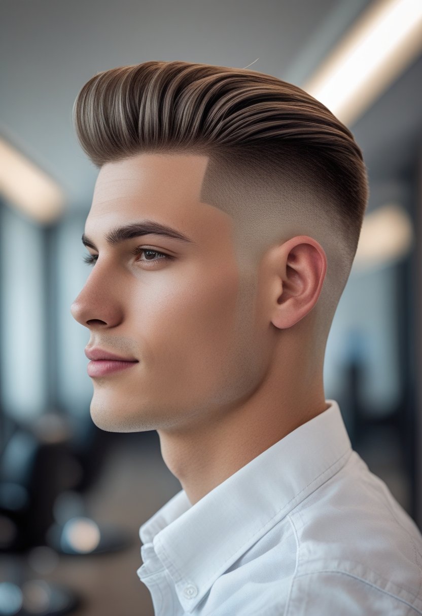 A young man with neatly styled hair wearing a white shirt, looking slightly to the side in a softly lit indoor setting.