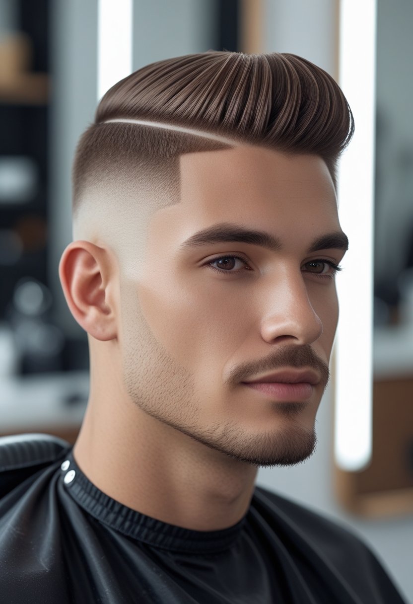 A man with a neatly styled haircut sitting in a barbershop with natural lighting.