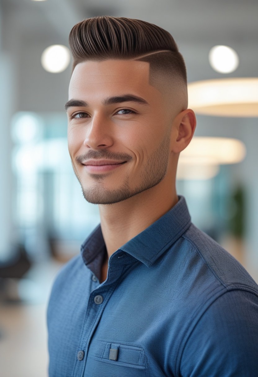 A man with a neatly styled haircut standing indoors in a modern setting, looking confident and relaxed.