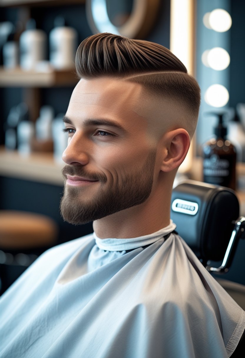 A man sitting in a barbershop chair with a neat haircut, smiling slightly, with blurred background of hair styling tools.
