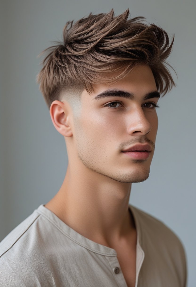 A young man with layered hair looking confidently at the camera against a blurred background.