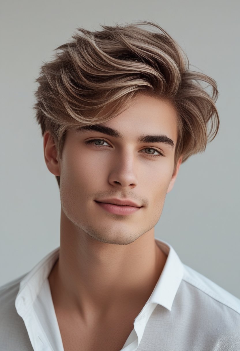 A young man with medium-length layered hair looking confidently at the camera against a plain background.