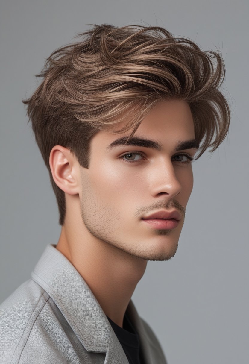 Young man with layered hair looking confidently at the camera against a neutral background.