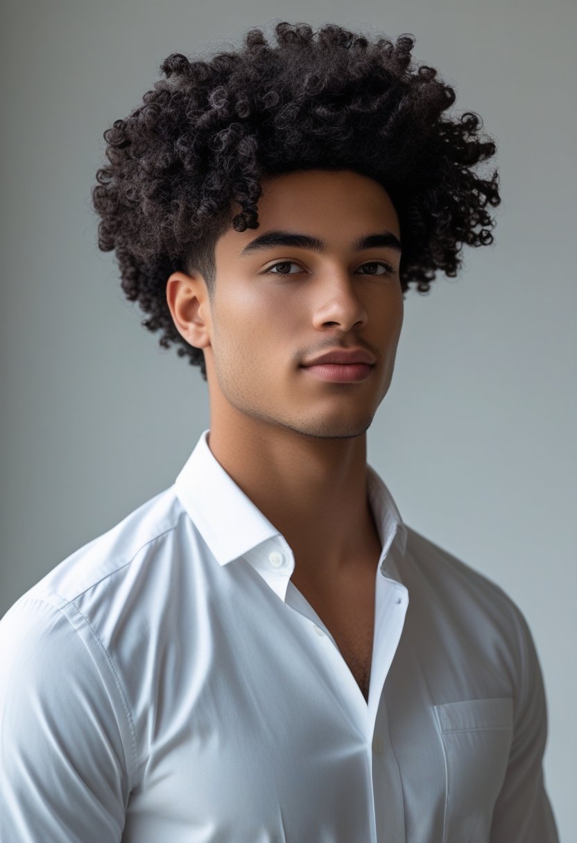 Portrait of a young man with dark curly hair wearing a white dress shirt against a plain background.