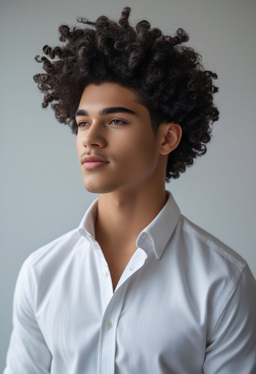 A young man with dark curly hair wearing a white shirt, looking slightly away from the camera against a plain background.