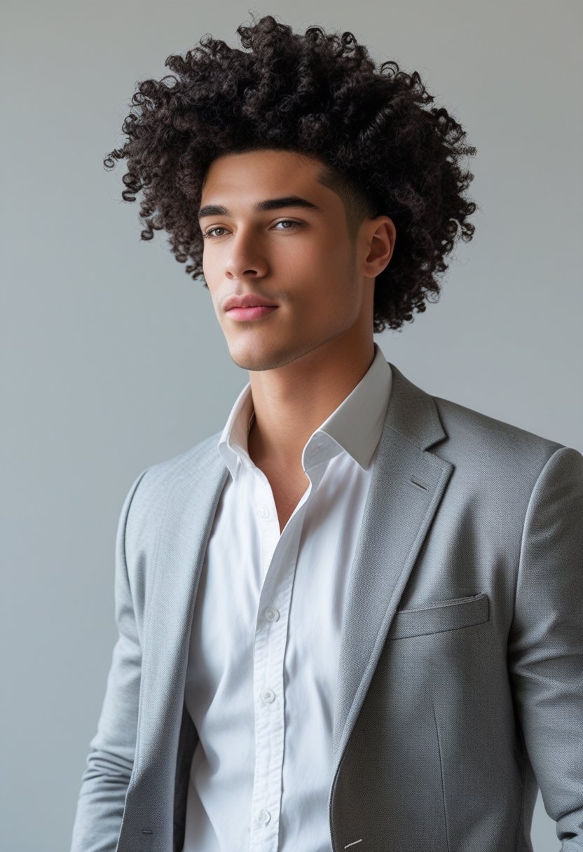 A young man with thick dark curly hair wearing a white shirt and gray blazer, standing against a plain background.
