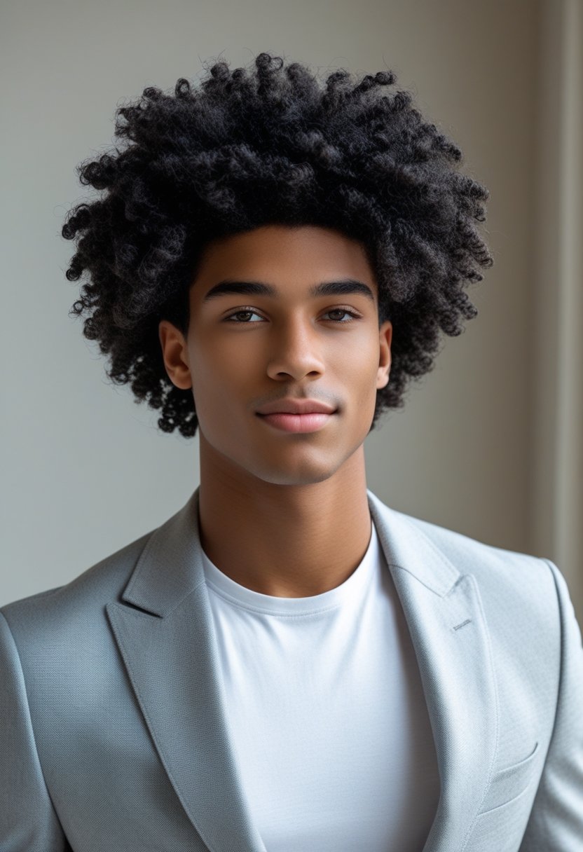 Young man with dark curly hair wearing a white t-shirt and light gray blazer, looking confidently off-camera against a neutral background.