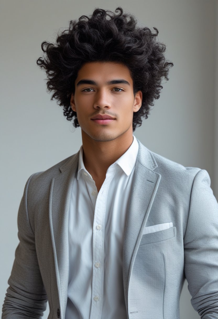 A young man with dark curly hair wearing a white shirt and grey blazer, standing against a neutral background.