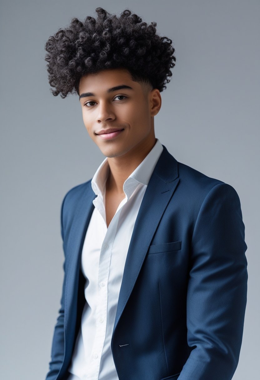 A young man with thick dark curly hair wearing a white shirt and navy blazer, looking slightly off-camera against a light gray background.
