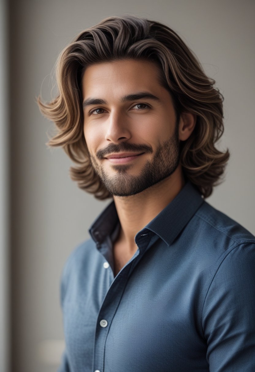 A man with medium-length wavy hair and a beard, wearing a smart casual outfit, standing against a neutral background.