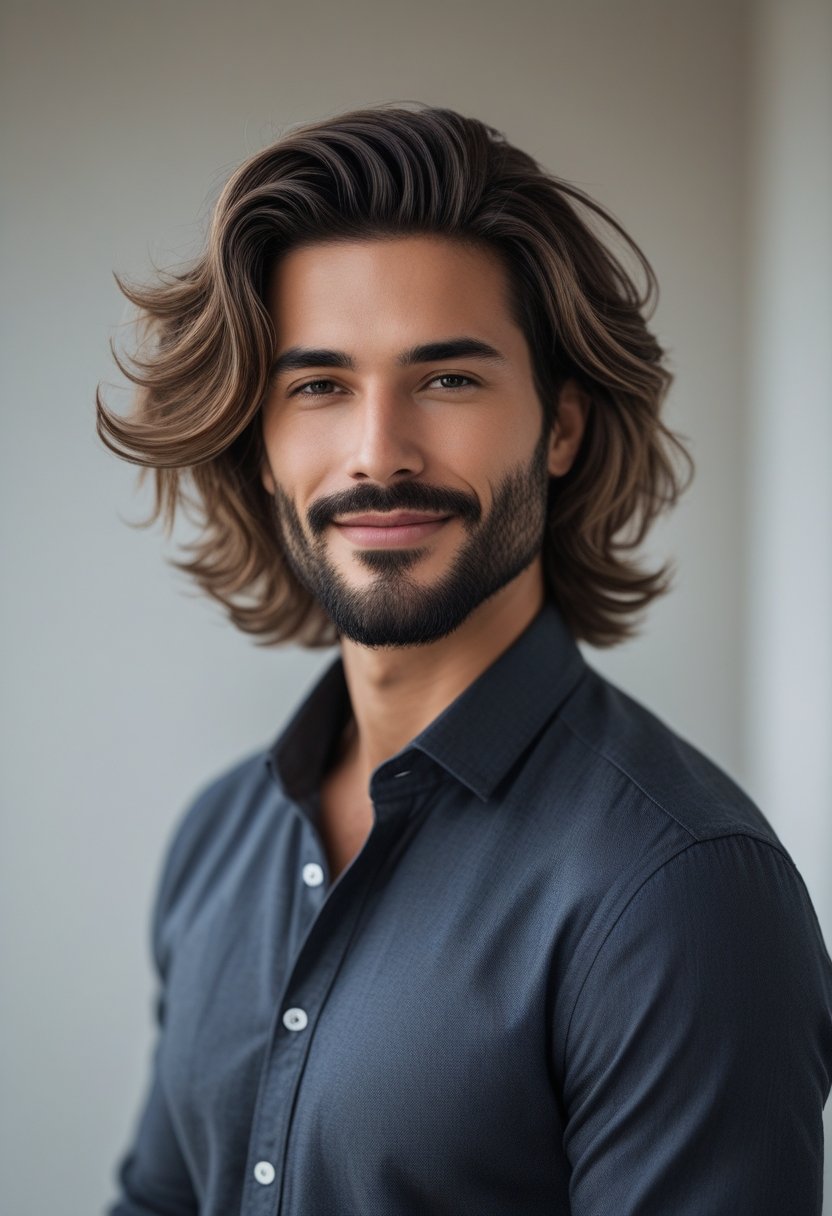 A man with medium-length wavy hair and a beard, wearing a smart casual outfit, standing against a blurred background.