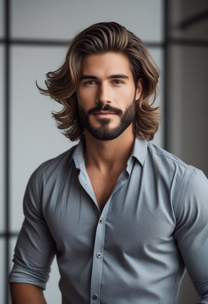 A man with medium-length wavy hair and a beard looking confidently at the camera in a studio setting.