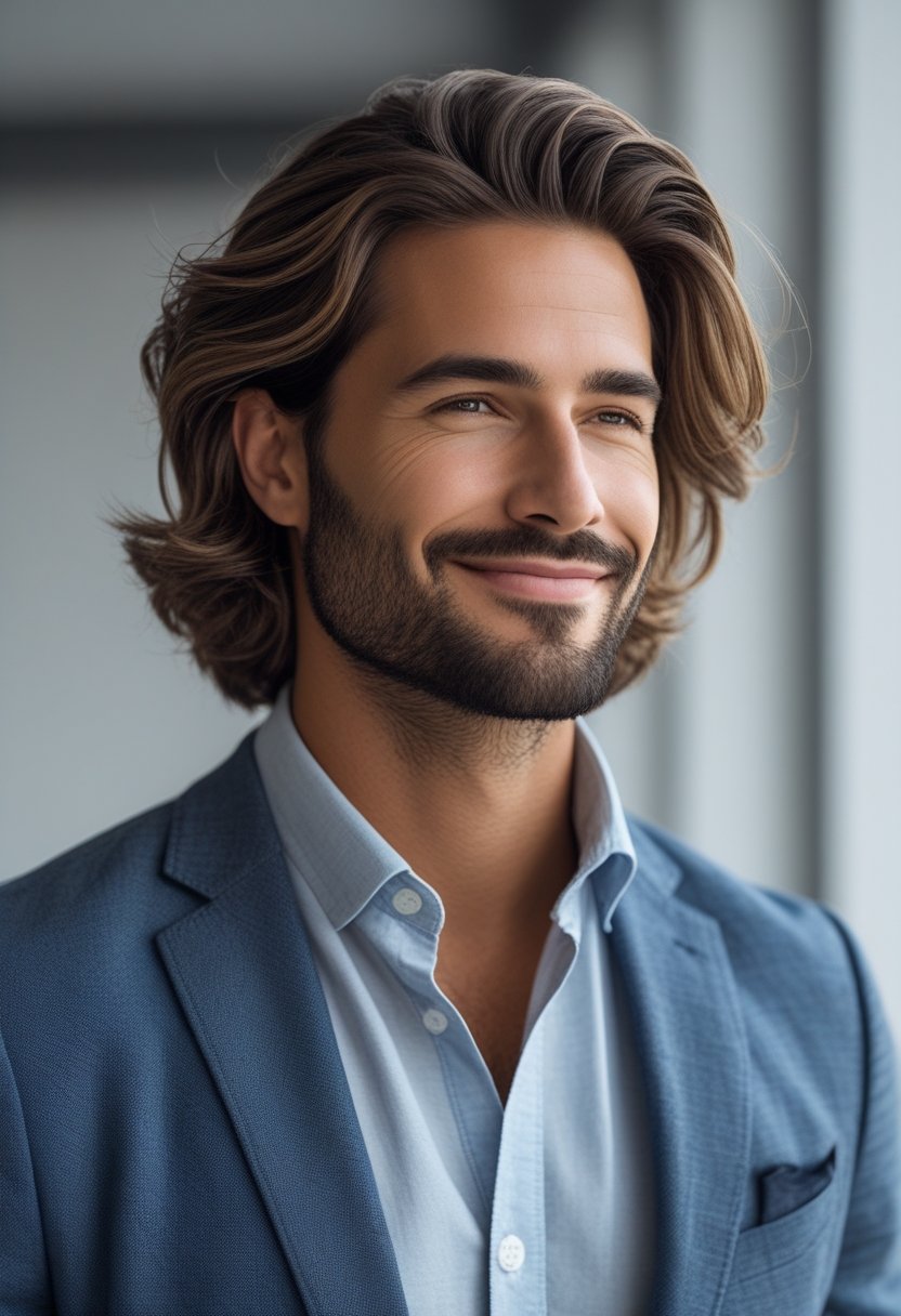 A man with medium-length wavy hair and a beard, dressed in smart-casual clothing, looking confident against a simple blurred background.