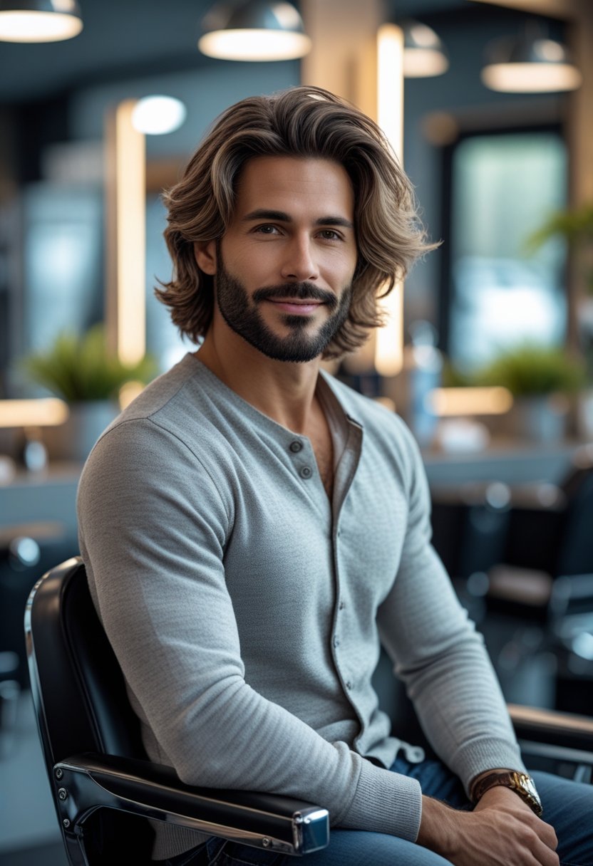 A man with medium-length wavy hair and a beard sitting in a modern barbershop with a relaxed expression.