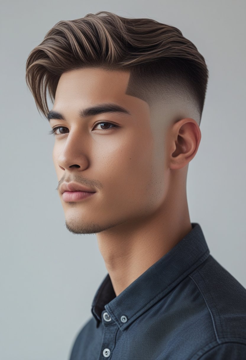 A young man with a short fade haircut and medium-length textured hair, wearing a smart casual outfit, standing against a plain background.
