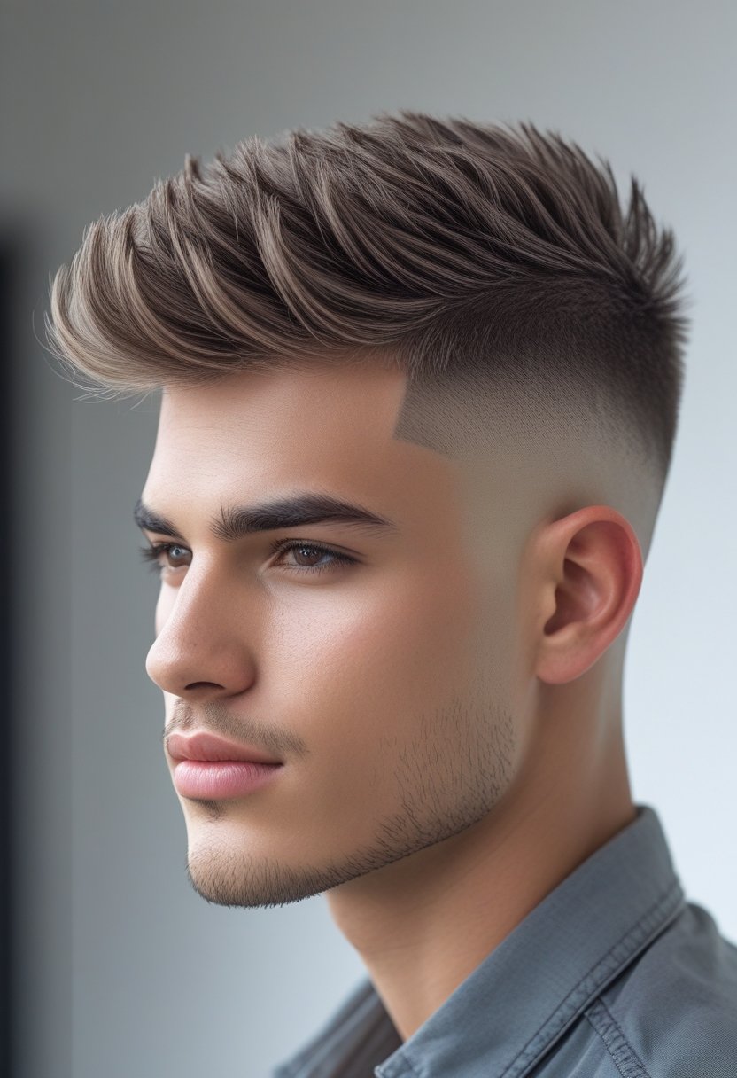 Portrait of a young man with short sides and textured hair on top, looking confidently to the side against a simple background.