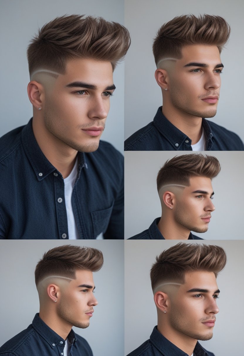 Portrait of a young man with a modern low fade haircut and textured medium-length hair, wearing a smart casual outfit against a plain background.