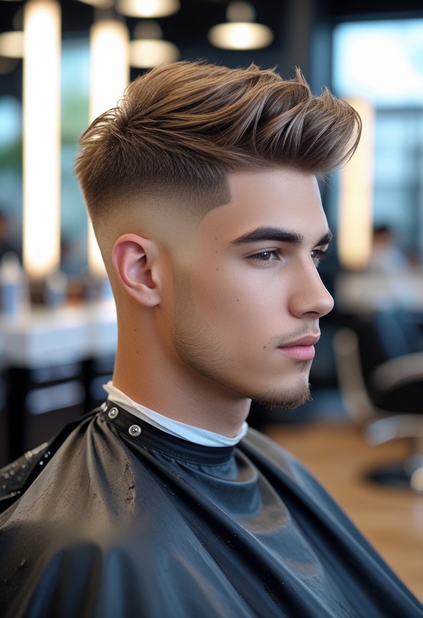 A young man with a fresh haircut sitting in a bright salon, looking confident and well-groomed.