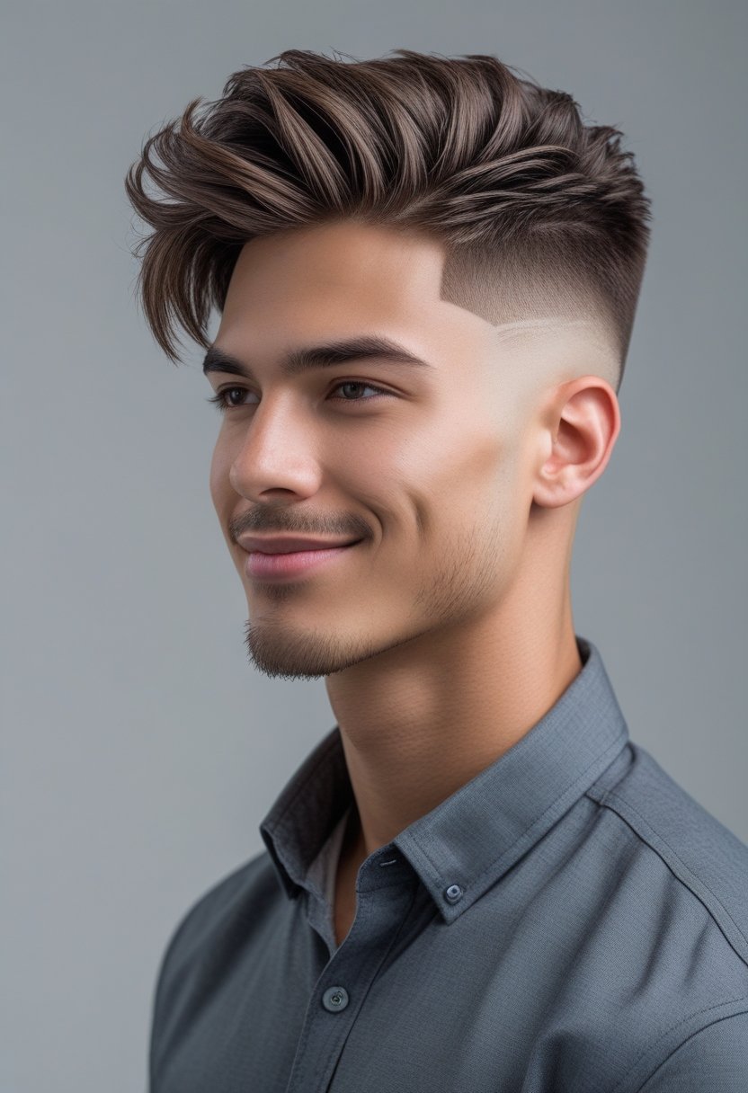 A young man with a short fade haircut and medium-length textured hair, wearing a smart casual outfit, looking slightly to the side against a plain background.