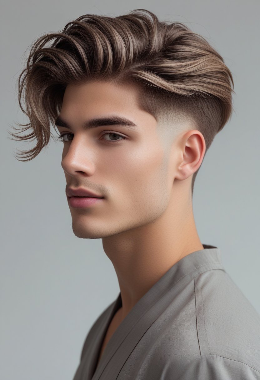 Portrait of a young man with a middle-part haircut looking slightly to the side against a neutral background.