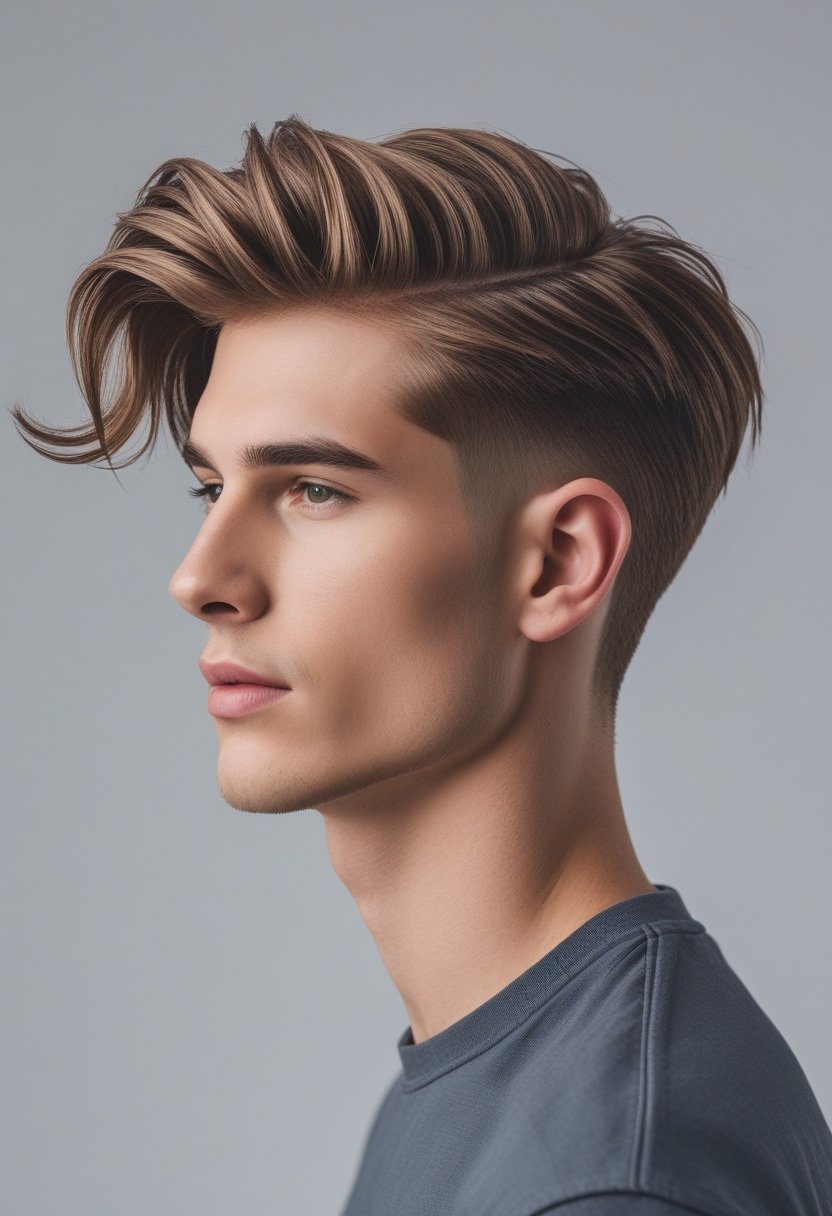 Portrait of a young man with a middle-part haircut and textured hair, looking slightly to the side against a plain background.