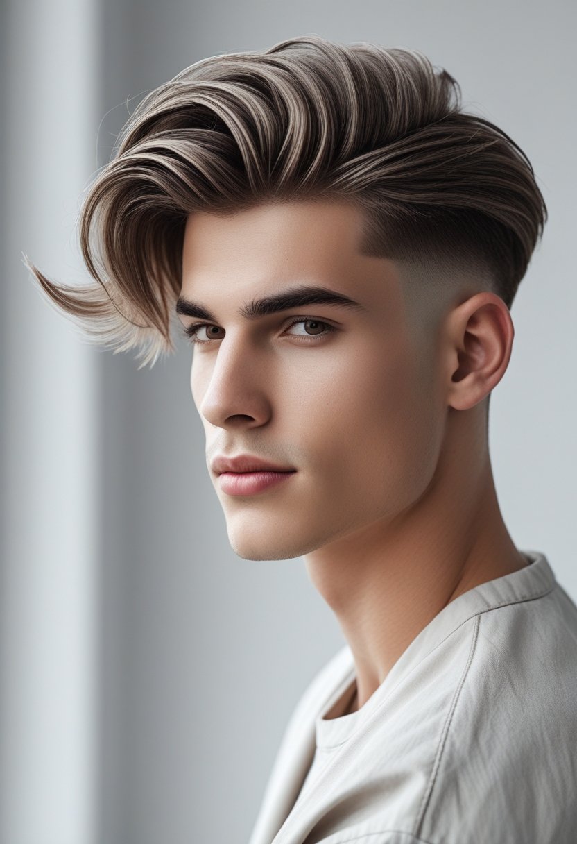 A young man with a middle-part haircut and textured hair, looking slightly to the side against a blurred background.