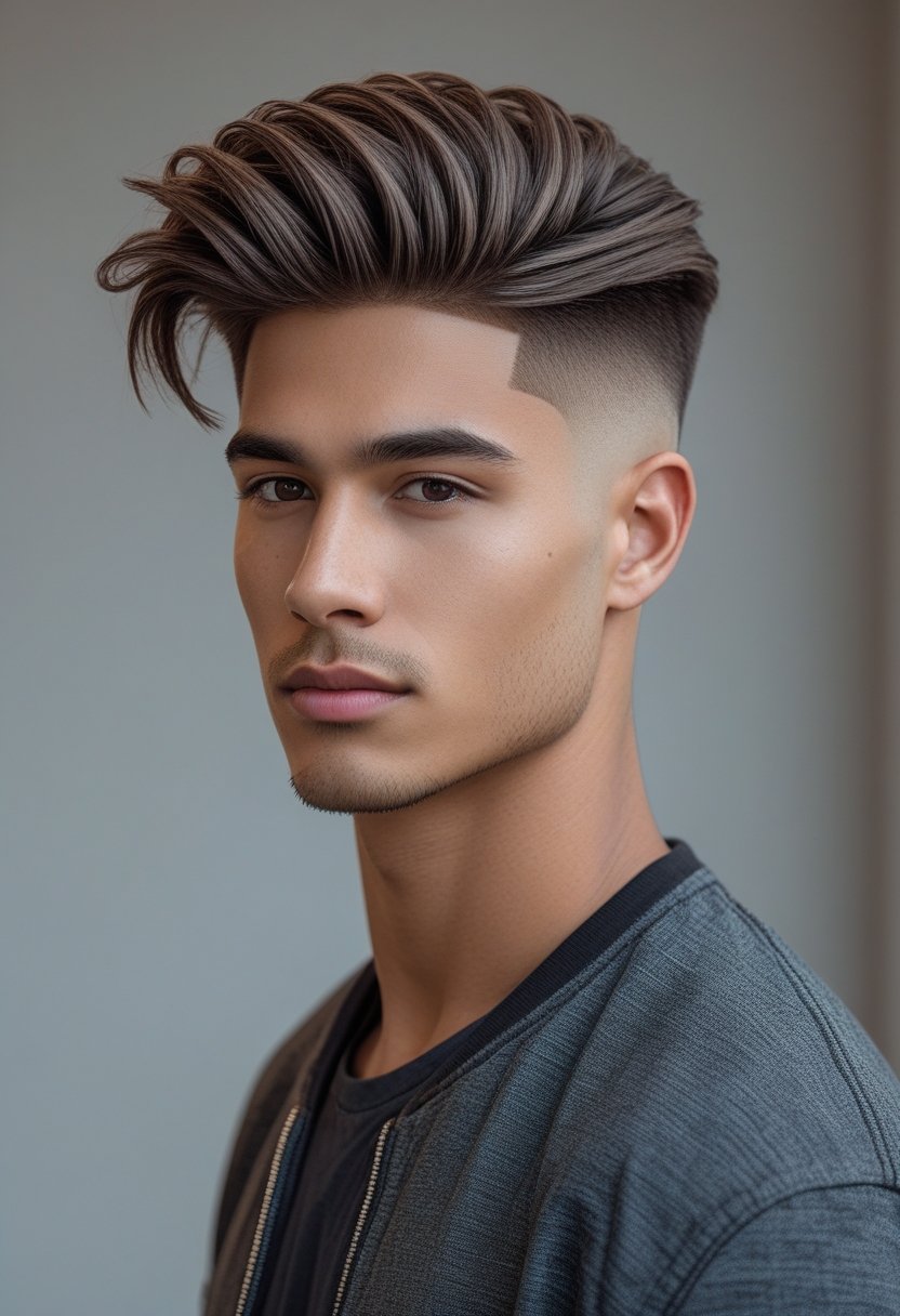 A young man with a modern haircut standing against a neutral background.