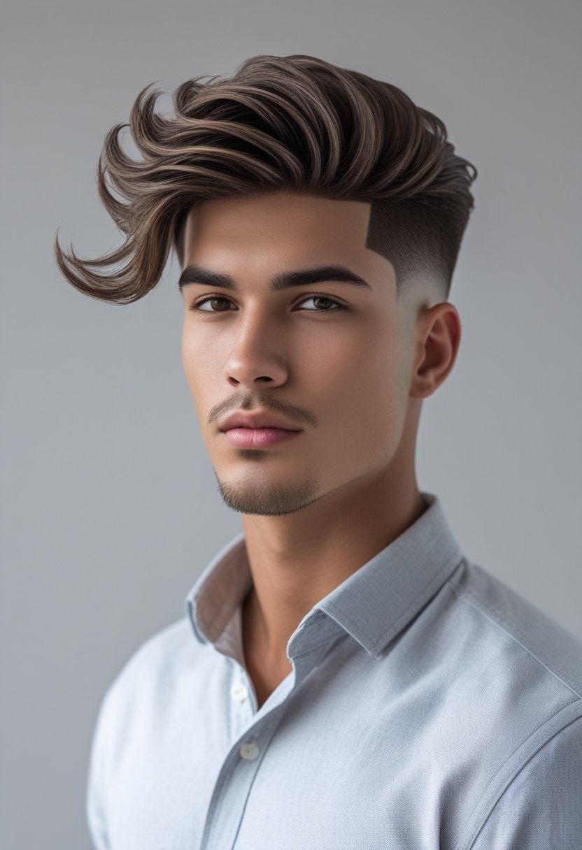 Portrait of a young man with short hair standing against a neutral background.