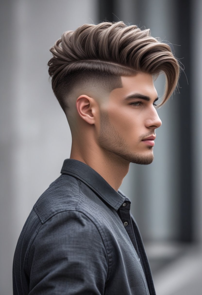 A young man with a textured long top fade haircut, wearing a smart casual outfit, standing outdoors with a blurred urban background.