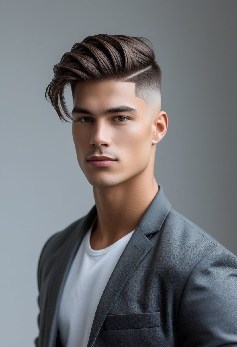A young man with a modern haircut stands against a simple background, looking confident and well-groomed.